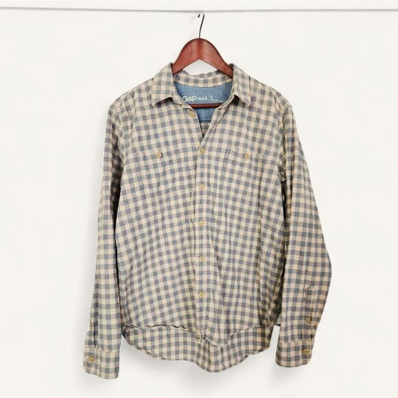 GAP 1969 Cotton Tan Blue Plaid Checkered Long Sleeve Button Down Chore Shirt L - Picture 1 of 7
